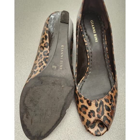 Gianni Bini Brown Black Leopard Print Open Toe Wedge Shoe 8.5M Slip On - Picture 4 of 4